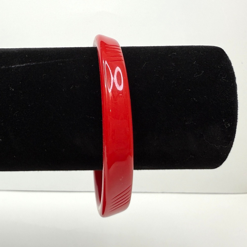 Vintage 80's Plastic Red Bangle Bracelet Carved Design Statement Costume Jewelry